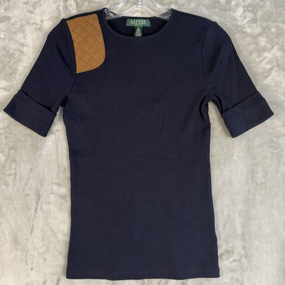 Lauren Ralph Lauren Tops - Y2K Lauren Ralph Lauren PS Navy  Ribbed‎ Top with Brown Quilted Shoulder Patch